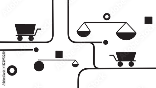 Shopping cart and balance scale icons in a flowchart design