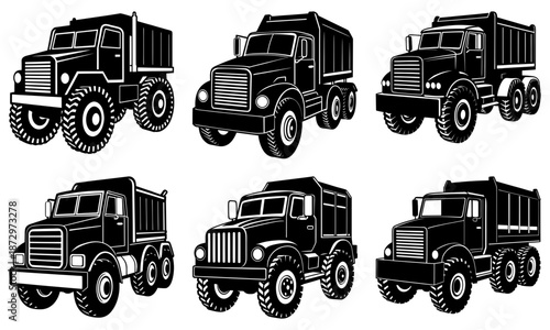 Six Black Silhouette Trucks on White Background 2