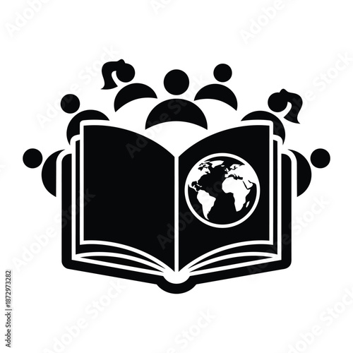 Open book with globe and surrounding people icons black and white graphic earth world