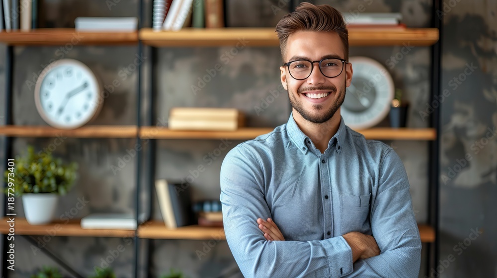 Fototapeta premium Confident smiling male executive leader in glasses with arms crossed in modern office setting