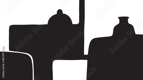 Simple black silhouettes of various objects on white background