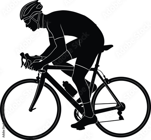 Silhouette of a professional road cyclist wearing a helmet and form-fitting gear vigorously riding a racing bicycle in an aerodynamic tucked position