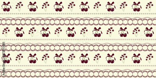 Vintage Cherry and Floral Coquette Seamless Pattern Cute Retro Decorative Design