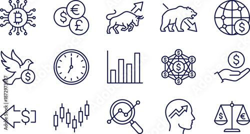 Financial market icon set featuring cryptocurrency bitcoin bull and bear stock trading symbols global currency exchange and investment data analysis graphics