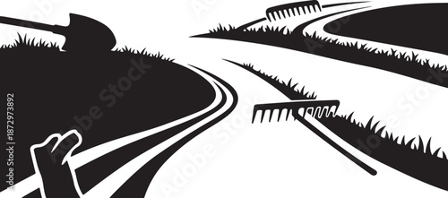 A black and white illustration of winding roads ahead