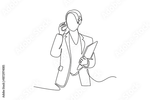 young woman making telephone call share good news. Marketing Call concept. Single line draw design. Vector graphic illustration