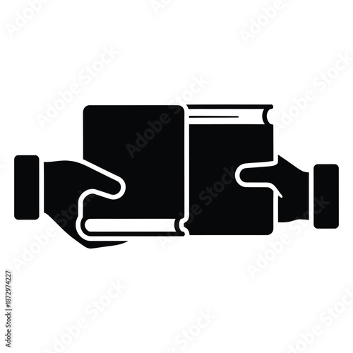 Black and white icon of two hands exchanging books exchange transfer
