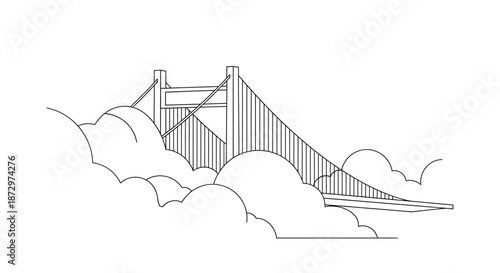 Golden Gate Bridge sketch amidst clouds, iconic San Francisco landmark.