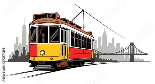 Hand drawn illustration of a classic yellow and red tram.