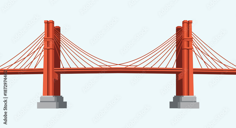 Fototapeta premium Illustration of a Red Suspension Bridge with Cables and Towers.