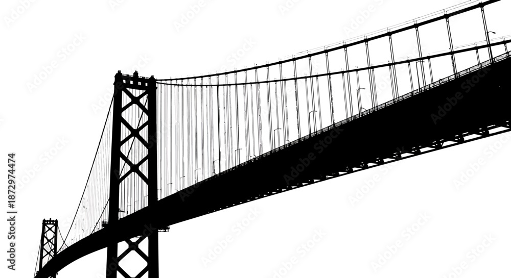 Obraz premium Low angle view of a suspension bridge silhouette against a white background.