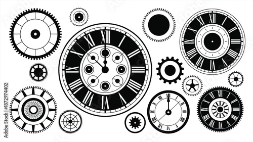 An arrangement of vintage clocks and gears in a black and white illustration
