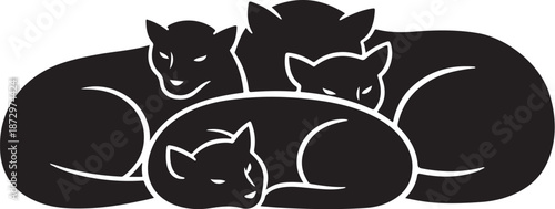 Three black cats sleeping together in a cozy curl