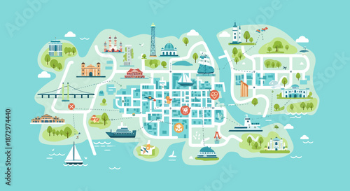 Illustrated City Map with Landmarks and Transportation.
