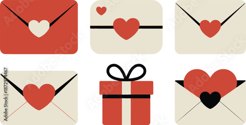 Collection of valentines day icons featuring hearts and envelopes on white background.