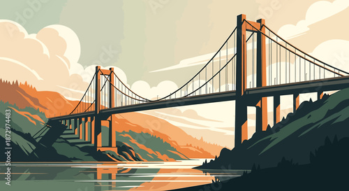 Majestic bridge spanning tranquil waters amidst scenic landscape under cloudy skies.