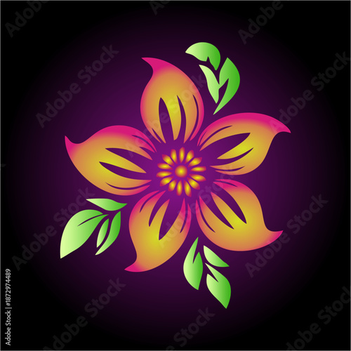 A vibrant floral masterpiece glows with fiery petals and fresh green leaves, symbolizing passion, elegance, and natural beauty against a mysterious dark background.
