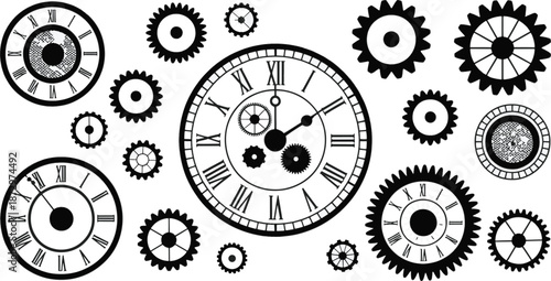 Intricate arrangement of clocks and gears in a detailed black and white illustration
