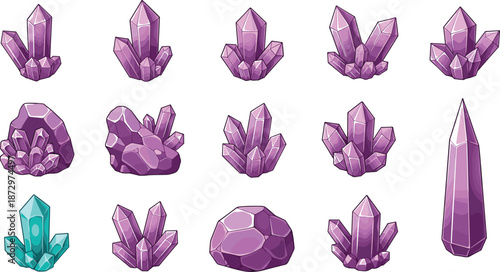 Fantasy crystal vector illustration set featuring purple and teal gemstones clusters magical minerals isolated for game assets icons design