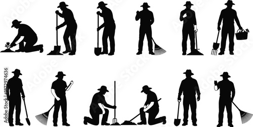Gardener silhouettes working with shovel, rake, hoe and plants, people farming and gardening activities, outdoor labor, agriculture, landscaping vector illustration