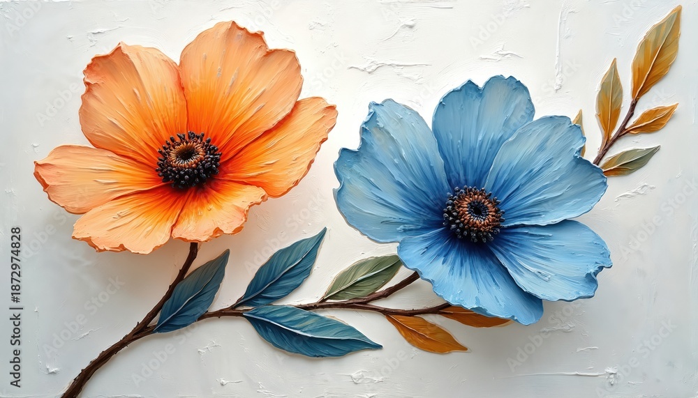 Fototapeta premium Oil painting shows vibrant flowers with textured brushstrokes. Orange, blue blooms, leaves, stems against white backdrop. Floral art embodies natural beauty. Gentle, organic design suits greetings