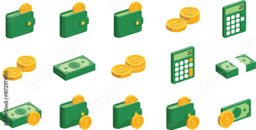 Money wallet and coin set, cash stacks calculator icons, finance budget payment concept, business banking vector illustration collection design pack