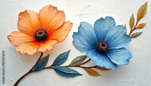Wallpaper Mural Oil painting shows vibrant flowers with textured brushstrokes. Orange, blue blooms, leaves, stems against white backdrop. Floral art embodies natural beauty. Gentle, organic design suits greetings Torontodigital.ca