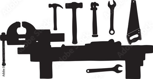 Silhouette of workbench with various tools and equipment arranged neatly