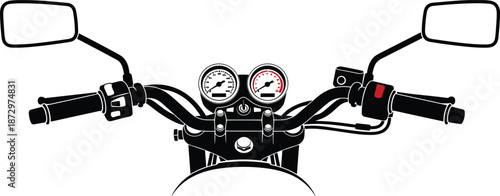 Motorcycle handlebar cockpit vector illustration, front view of classic bike dashboard with speedometer tachometer mirrors isolated on white background for design use