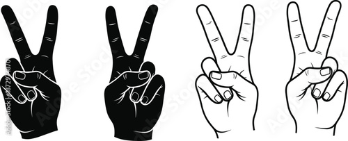 Peace hand gesture silhouettes, victory sign in black and white styles, human hand poses, symbol of freedom, vector illustration set