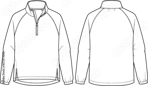 Quarter zip jacket front and back technical flat, vector fashion CAD drawing for apparel design, outerwear template mockup illustration