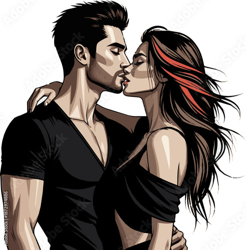 Create a realistic sexy man and woman in a valentine's day sexual relationship, depicted in vector art style with a white background..