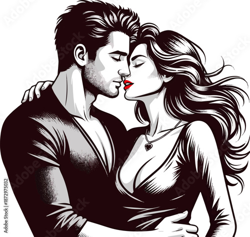 Create a realistic sexy man and woman in a valentine's day sexual relationship, depicted in vector art style with a white background..