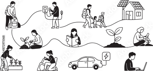 People engaging in various daily activities and sustainable living