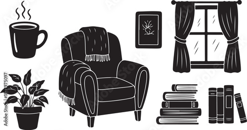 Cozy reading nook with chair, books, and steaming coffee cup