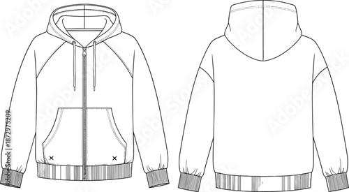 Zip up hoodie jacket front and back technical flat, vector fashion CAD drawing for apparel design, sweatshirt template mockup