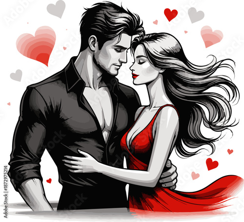 Create a realistic sexy man and woman in a valentine's day sexual relationship, depicted in vector art style with a white background..