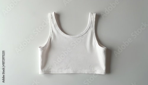 Clean white cropped tank top lies on light surface. Simple design top apparel for woman. Stylish comfy garment for summer athletic lifestyle, urban style. E-commerce mockup for fashion clothes store