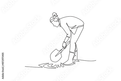 A woman is digging the earth in a field. Agricultural work. Farmer activity concept. Single line draw design. Vector graphic illustration