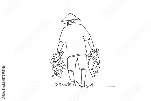 Farmers are carrying morning seeds in the rice fields. Farmer activity concept. Single line draw design. Vector graphic illustration