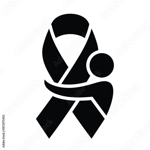 Black ribbon icon with silhouette of person embracing it awareness support