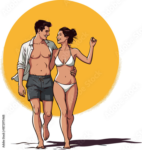 Isolated a realistic  Couple in swimwear walking barefoot happily together in the sun vector art with white background. 