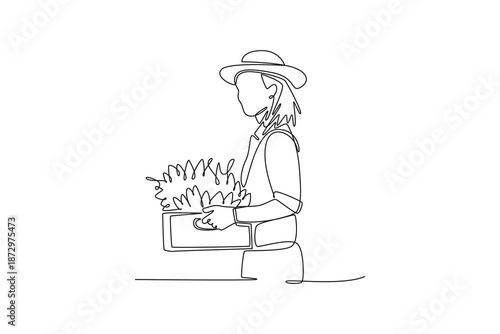 female farmer plants a tree. Farmer activity concept. Single line draw design. Vector graphic illustration