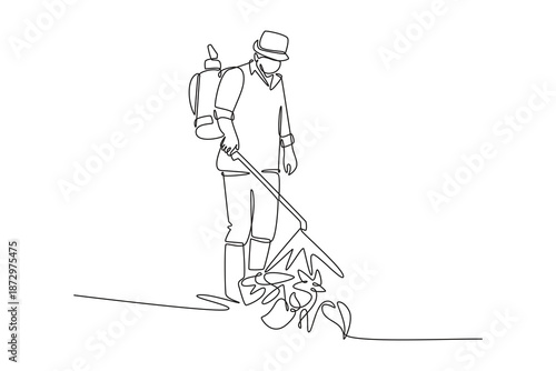 farmer farm spraying pesticide sprayer garden farm vegetable garden spraying crop protection plant. Farmer activity concept. Single line draw design. Vector graphic illustration