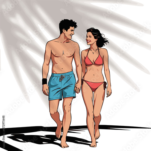 Isolated a realistic  Couple in swimwear walking barefoot happily together in the sun vector art with white background. 