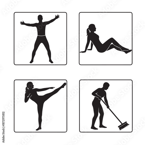 Silhouette of people exercising and cleaning in minimalist style with solid black color on white background for fitness and household icons