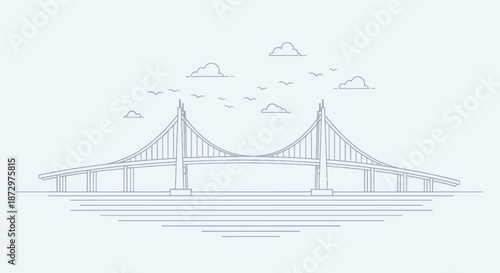 Minimalist Line Art of a Cable-Stayed Bridge with Water Reflection.