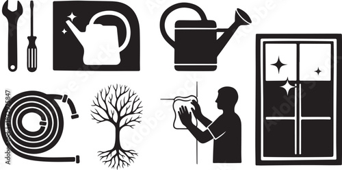 Black and white icons for home and gardening tools