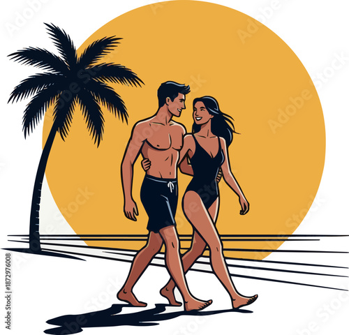 Isolated a realistic  Couple in swimwear walking barefoot happily together in the sun vector art with white background. 