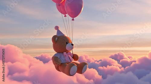 Cute teddy bear wearing party hat floats on pink balloons through soft pastel clouds at sunrise, cinematic aerial.